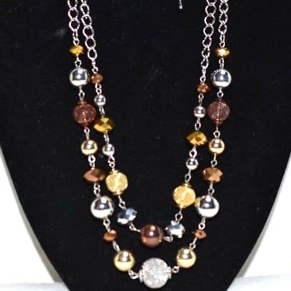 VTG Glam Brown/Amber/Gold/Silver Beaded Double Layer Link Chain 20" Necklace